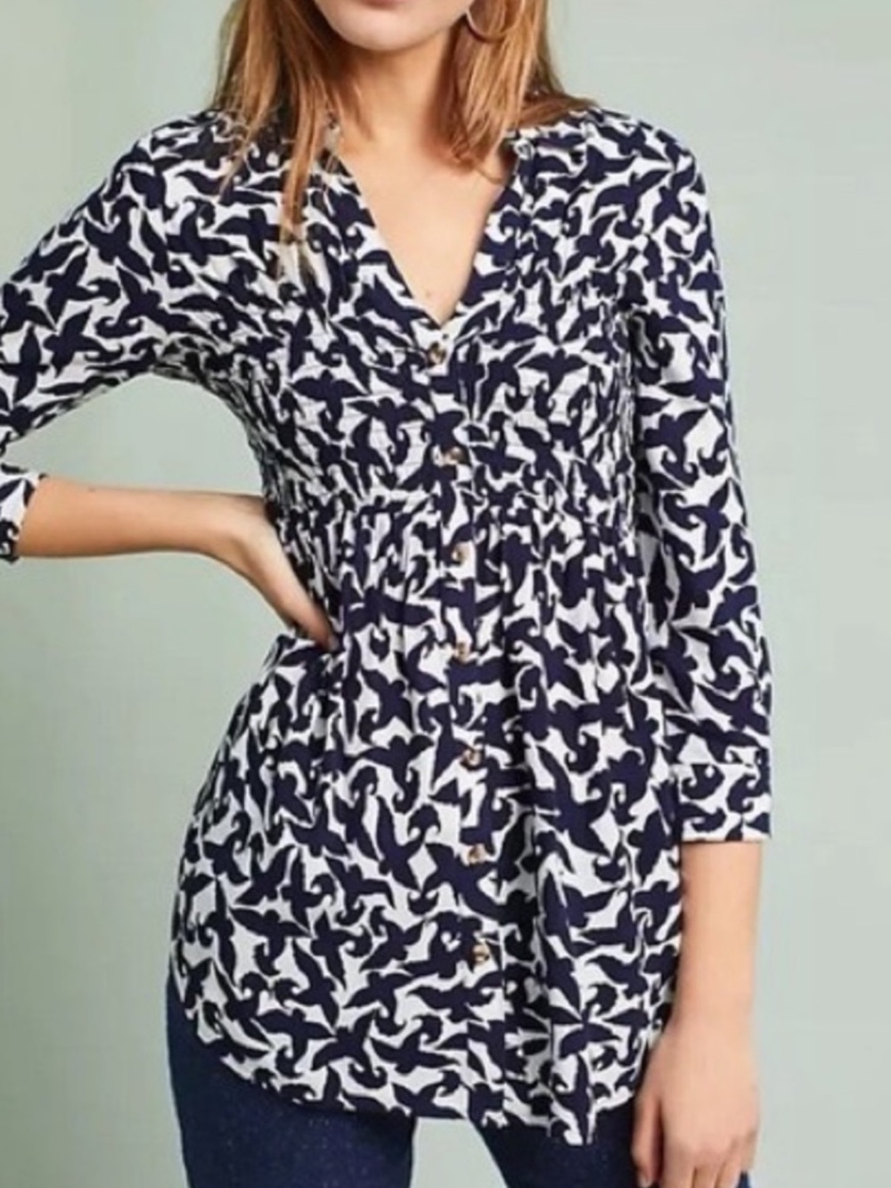 Maeve Navy and White Smocked V-Neck Button Front Tunic